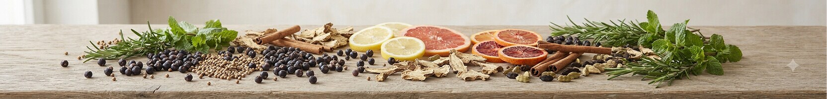 Ingredienten van gin, zoals jeneverbes, diverse kruiden, citroen, en nog veel meer op een houten plank